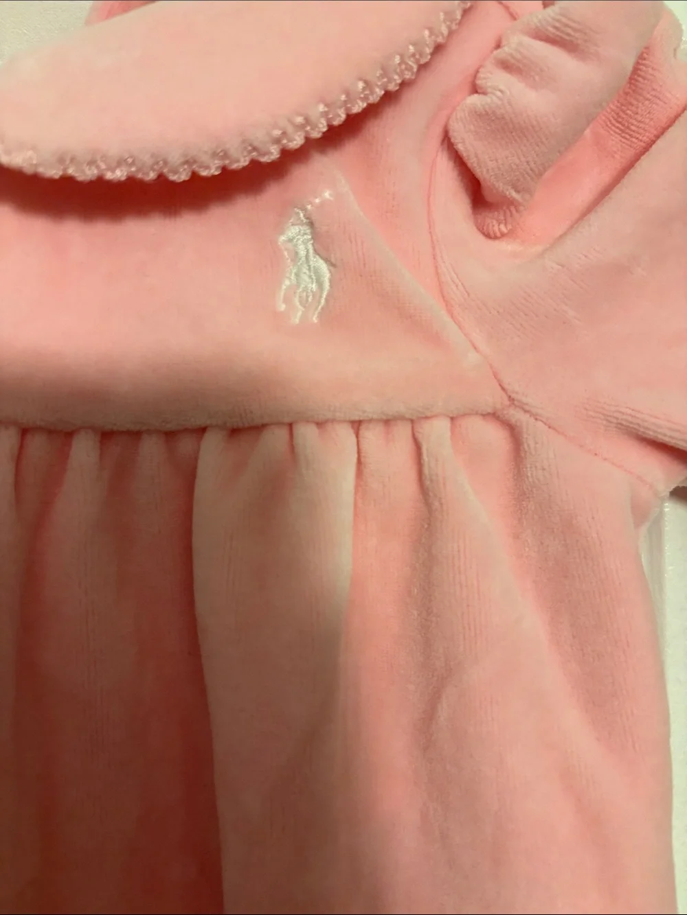 Vintage White Label Ralph Lauren Pink Velour Footed One-Piece Scalloped Collar